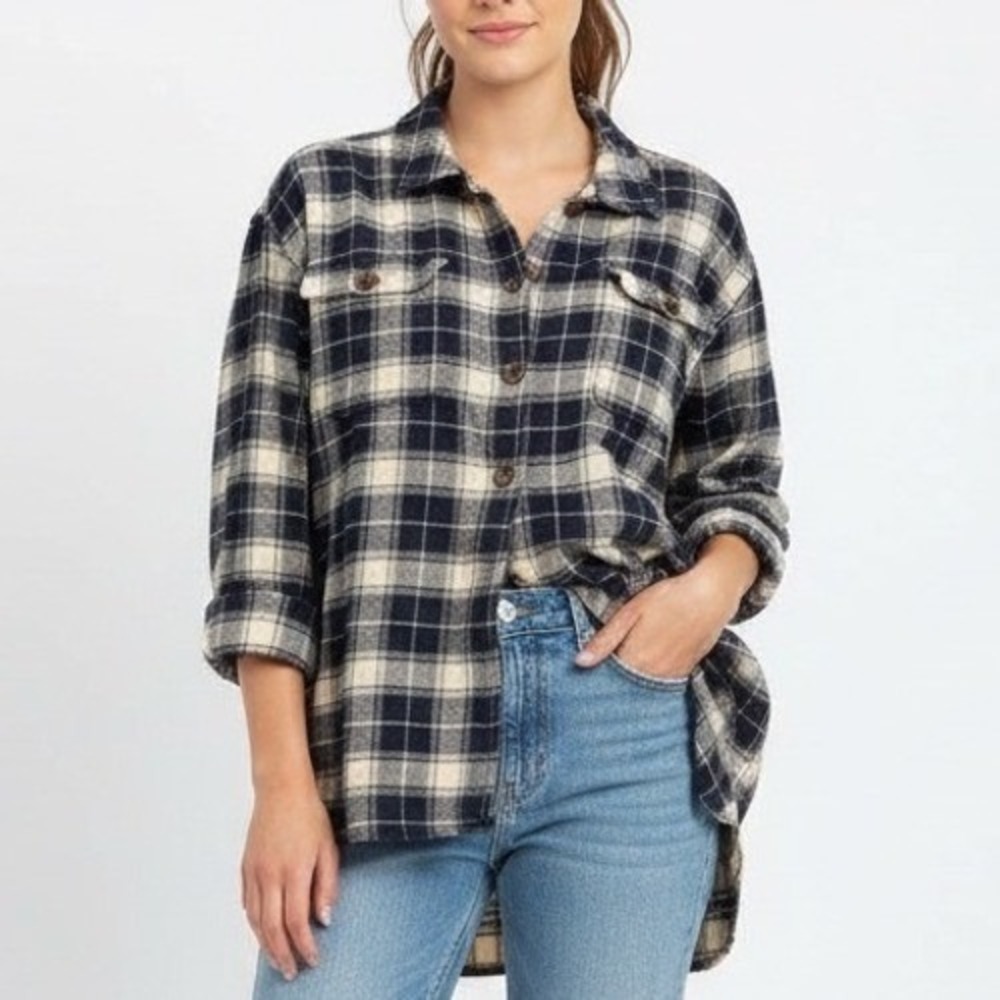 Japna Flannel Jacket Women Large Black Gray Plaid Cotton Spread Collar Button Up